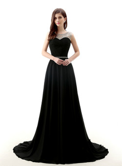 A-Line Black Chiffon Backless Long Prom Dress With Beading A-Line Black Chiffon Backless Long Prom Dress With Beading