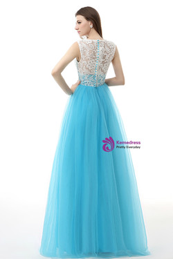 A-Line Blue Tulle Lace Sleeveless Floor Length Prom Dress
