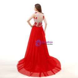 Red Tulle V-neck See Through Prom Dress With Beading Hand Flower