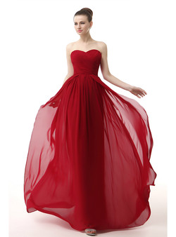Red Chiffon Sweetheart Neck Long Bridesmaid Dress With Pleats