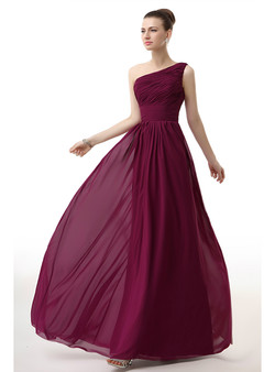 Simple One Shoulder Chiffon Pleats Long Bridesmiad Dress