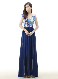 Blue Chiffon Print V-neck Appliques Sequins Prom Dress Blue Chiffon Print V-neck Appliques Sequins Prom Dress