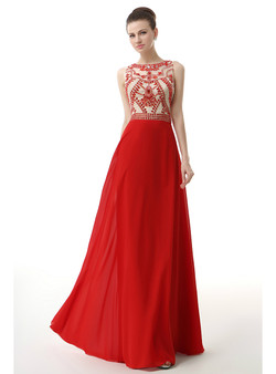 A-Line Red Chiffon Sleeveless Long Prom Dress With Crystal