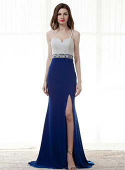 Blue And White Mermaid Spaghetti Straps Prom Dress With Beading