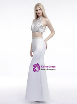 White Mermaid Two Piece Halter Satin Prom Dress With Crystal