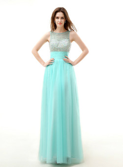 A-Line Green Tulle Backless Long Prom Dress With Crystal