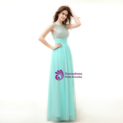 A-Line Green Tulle Backless Long Prom Dress With Crystal