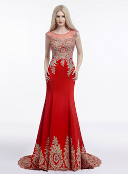 Red Mermaid Satin Gold Appliques Cap Sleeve Prom Dress