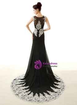 Black Mermaid Chiffon White Lace Appliques Prom Dress