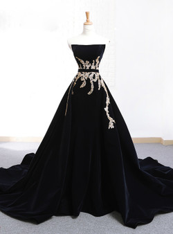 Black Velvet Strapless Crystal With Long Train Wedding Dress