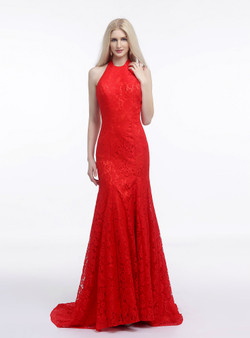 Red Lace Mermaid Halter Backless Long Prom Dress