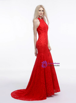 Red Lace Mermaid Halter Backless Long Prom Dress