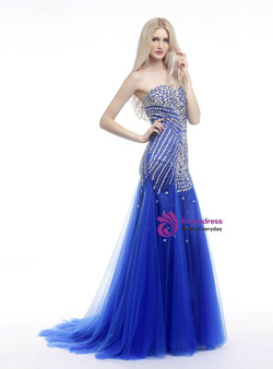 Blue Mermaid Sweetheart Neck Tulle Beading Crystal Prom Dress