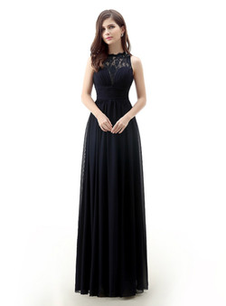 Navy Blue Chiffon Lace Pletas Long Floor Length Bridesmaid Dress