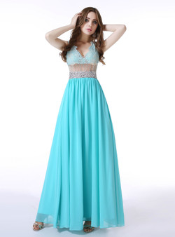 Blue Chiffon Lace V-neck Sexy Back Prom Dress With Crystal