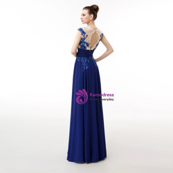 Royal Blue Chiffon Embroidery Sequins Backless Long Prom Dress