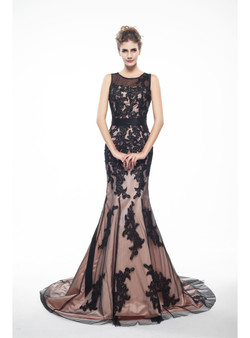 Brown And Black Memraid Appliques Backless Prom Dress With Sash