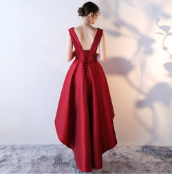 Red V-neck Backless Satin Backless Prom Dress With Beaded