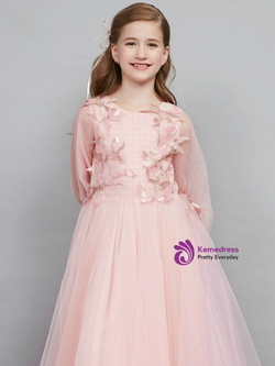 In Stock:Ship in 48 Hours Ready To Ship Pink Tulle Long Sleeve Girl Dress
