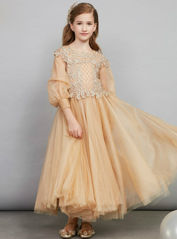 In Stock:Ship in 48 Hours Ready To Ship Gold Tulle Appliques Girl Dress