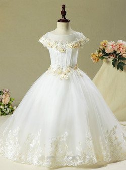 Ball Gown White Tulle Appliques Cap Sleeve Flower Girl Dress