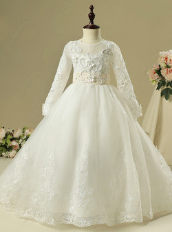 White Tulle Long Sleeve Backless Appliques Flower Girl Dress