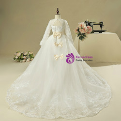 White Tulle Long Sleeve Backless Appliques Flower Girl Dress