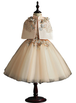 Champagne Tulle Dress And Cloak Two Piece Appliques Flower Girl Dress