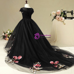 Black Tulle Cap Sleeve Embroidery Appliques Flower Girl Dress