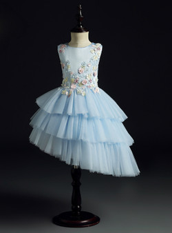 A-Line Blue Tulle Satin Appliques Short Flower Girl Dress