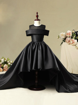 Black Satin Hi Lo Cold Shoulder Long Train Flower Girl Dress