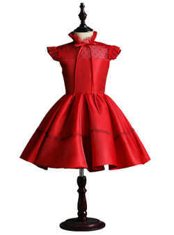 Red Satin High Neck Cap Sleeve Flower Girl Dress