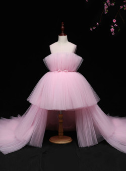 Pink Tulle Hi Lo Appliques Flower Girl Dress With Long Train