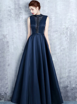 Navy Blue Satin High Neck Backless Long Prom Dress With Pearls
