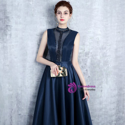 Navy Blue Satin High Neck Backless Long Prom Dress With Pearls