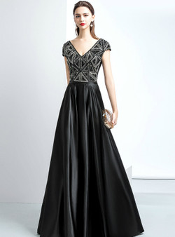 Black Satin Cap Sleeve Deep V-neck Backless Prom Dress With Beaded
