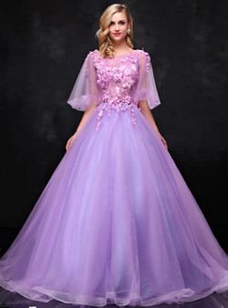 Purple Ball Gown Tulle Puff Sleeve Appliques Quinceanera Dresses