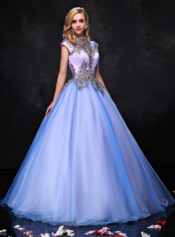 Green Ball Gown High Neck Cap Sleeve Appliques Quinceanera Dresses