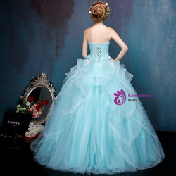 Blue Ball Gown Tulle Appliques Long Sweet 16 Dresses With Pearls