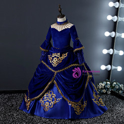 Royal Blue Velvet High Neck Long Sleeve Flower Girl Dress With Appliques