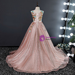Pink Tulle Sequins Hi Lo Gold Appliques Flower Girl Dress