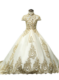 Champagne Satin High Neck Cap Sleeve Appliques Flower Girl Dress