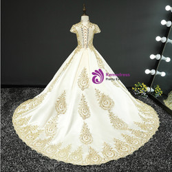 Champagne Satin High Neck Cap Sleeve Appliques Flower Girl Dress