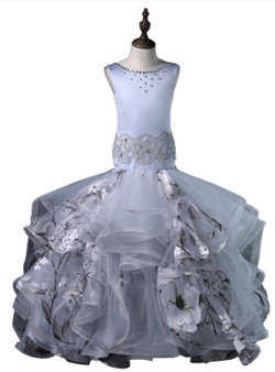 Gray Mermaid Tulle Satin Print Backless Flower Girl Dress