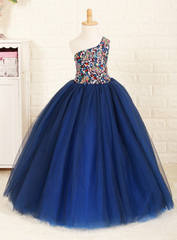 Navy Blue Tulle One Shoulder With Crystal Flower Girl Dress