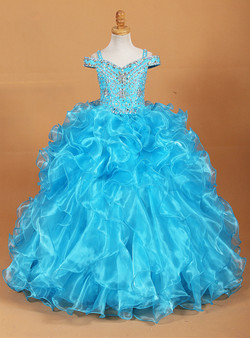 Blue Ball Gown Organza Spaghetti Straps With Crystal Flower Girl Dress