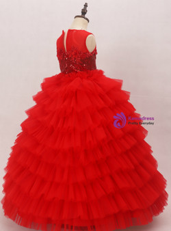 Red Ball Gown Tulle Sequins Appliques Flower Girl Dress