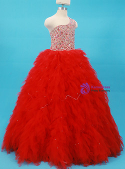 Red One Shoulder Tulle Long Flower Girl Dress With Crystal