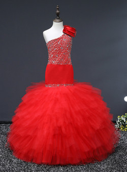 Red Mermaid Tulle One Shoulder With Sequins Flower Girl Dress