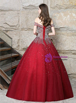 Burgundy Ball Gown Tulle Off The Shoulder With Sequins Quinceanera Dresses